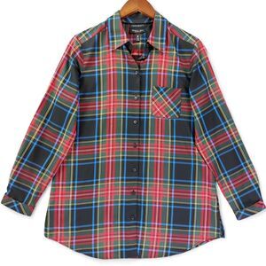 Foxcroft Shirt Womens Sz 10 Black Red Plaid Wrinkle Free Shaped Fit Long Sleeve